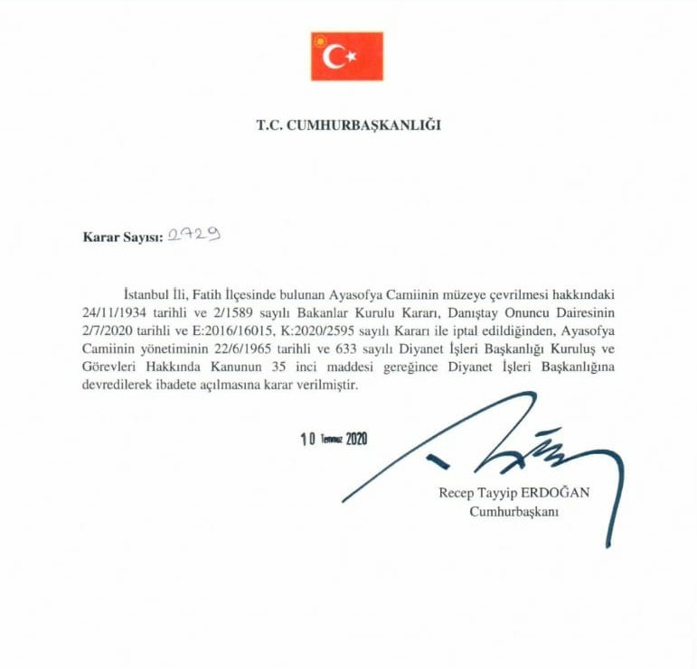 Elhamdülillah 
Ayasofya Camimizin yeniden ibadete açılışı Vatanımıza,milletimize,devletimize ve Ümmete hayırlı olsun.
Zincirleri kıran Ayasofyayi ibadete açan 567 yıllık imzayı atan Cumhurbaşkanımız  <a href="/RTErdogan/">Recep Tayyip Erdoğan</a> a tesekkür ediyoruz.
Rabbim razı olsun.