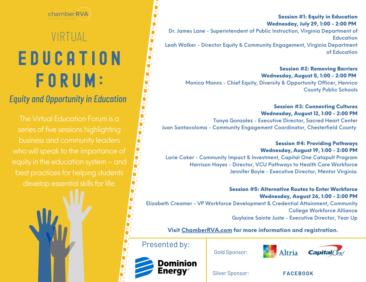The Virtual Education Forum is a series of five sessions featuring business and community leaders who will speak to the importance of equity in the education system.

bit.ly/2BPg1Gd1