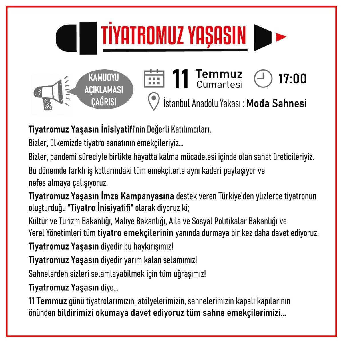 Sevgili dostlar , 11 Temmuz’da saat 17.00’de Anadolu yakası buluşma noktamız <a href="/modasahnesi/">moda sahnesi</a> 🌸 <a href="/kuzguncuksanat/">Kuzguncuk Sanat</a> olarak oradayız dayanışmamıza hepinizi bekleriz 🍀
<a href="/tiyatro_yasasin/">Tiyatromuz Yaşasın İnisiyatifi</a>  #tiyatromuzyaşasın 
‘Tiyatromuz Yaşasın İnisiyatifi ‘