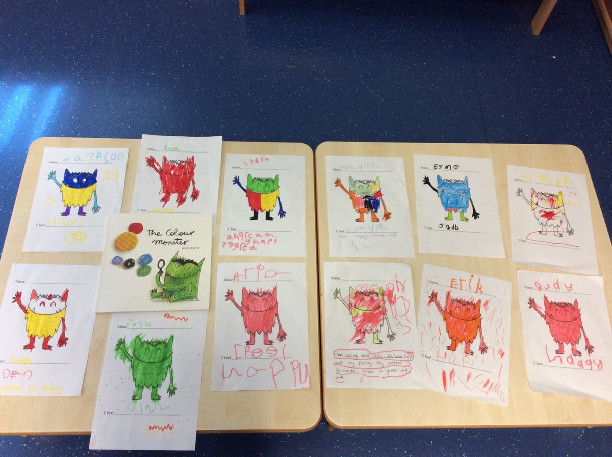 mapplewellPSER's tweet photo. Today we read The Colour Monster and talked about different  emotions. We created our own colour monsters. Some children used their super sounds to write the emotions. https://t.co/diRg4Mqt08