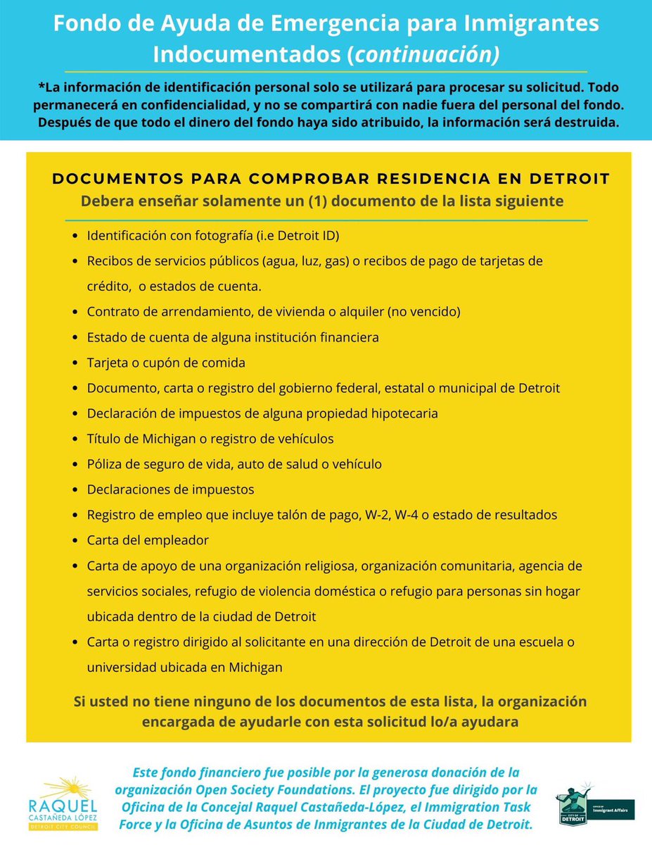 AoAInDetroit's tweet image. El Detroit COVID-19 #UndocuFund se lanzó con el apoyo de una subvención de la Open Society Foundation.  Estos fondos apoyarán a los inmigrantes indocumentados en Detroit que quedaron fuera de la Ley federal CARES (Ayuda de Coronavirus, Ayuda y Seguridad Económica).