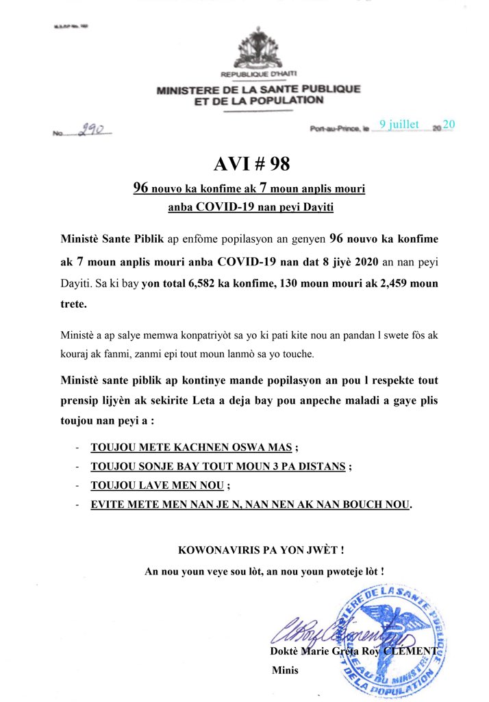 MCHaiti's tweet photo. Gen 96 nouvo ka #Covid19 ki konfime ak 7 moun anplis mouri nan dat 8 jiyè 2020 an. Sa fè yon total 6582 ka konfime ki gen ladanl 2459 moun trete ak 130 moun mouri. 

Respekte prensip yo pou anpeche maladi a gaye plis.

#Covid19Ayiti #LaveMenW #PaManyenFigiw #ReteLakayOu https://t.co/Syhzc6K2JT