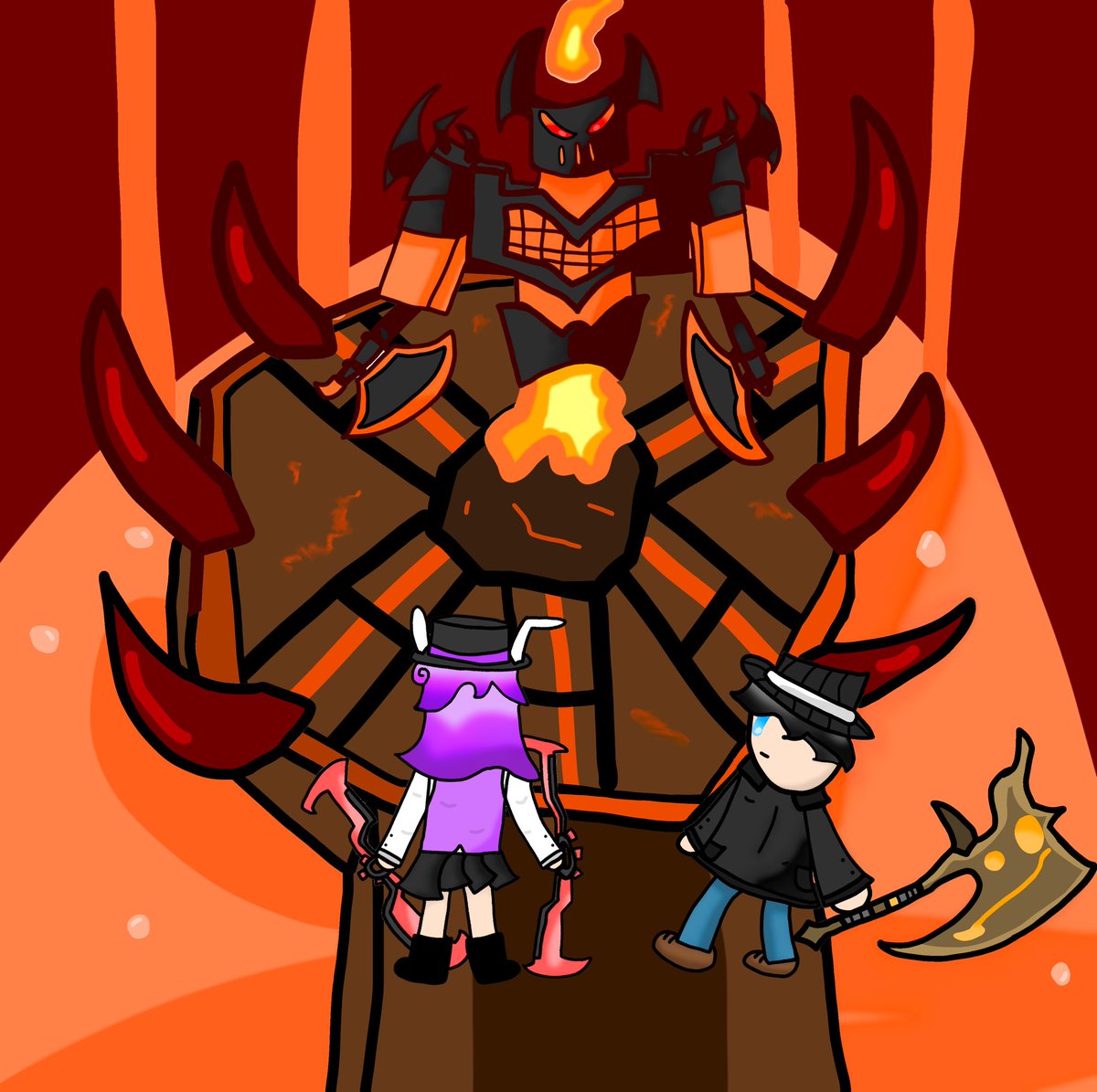 Hi Lol On Twitter Fanart For Vcaffy S Dungeon Quest Volcanic Chamber Ft Cyberify1 Likes And Rts Are Much Appreciated D - dungeon quest roblox volcanic chambers