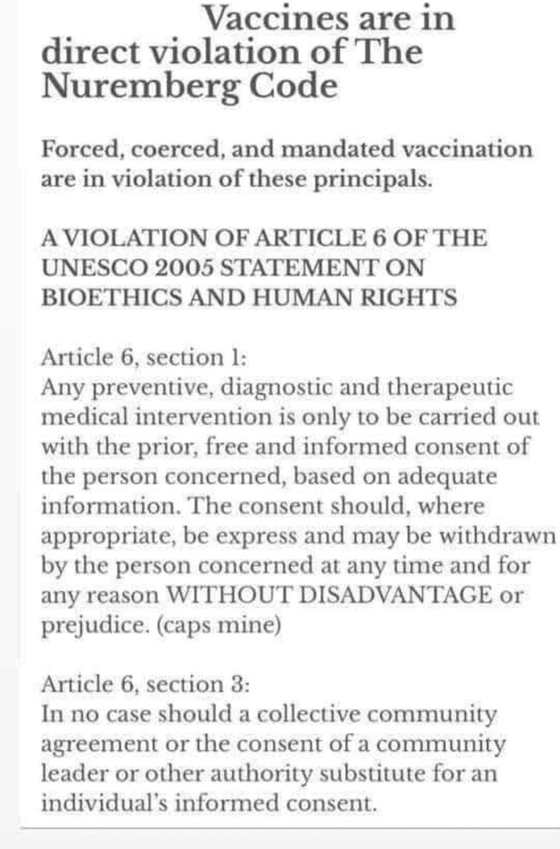 FragmentedSoul5's tweet image. Forced, Coerced, &amp;amp; Mandated #vaccines are in direct violation of The Nuremberg Code.

#TheNurembergCode, which stated explicit voluntary consent from patients are required for human experimentation was drafted on August 9, 1947.
en.m.wikipedia.org/wiki/Nuremberg…