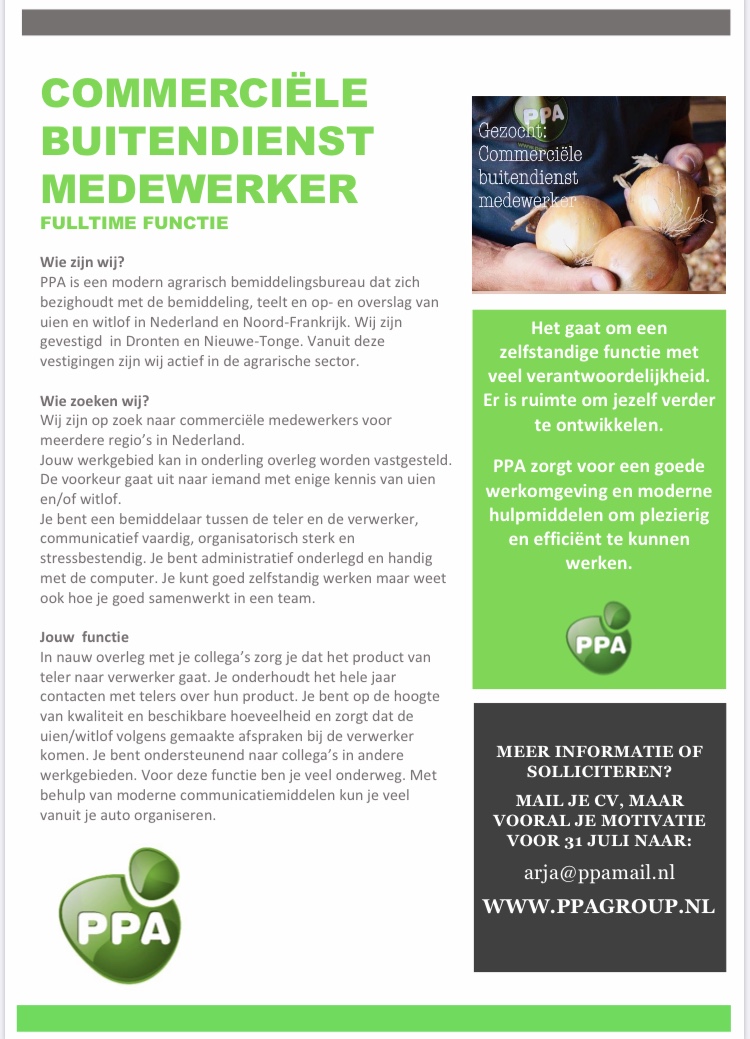 PPA zoekt een commerciële doorzetter &amp; meedenker met 💚voor de agrarische sector! 🧅 🌱
voor meer info over ons kijk op ppagroup.nl
Wij zoeken mensen voor meerdere regio’s 🇾🇪