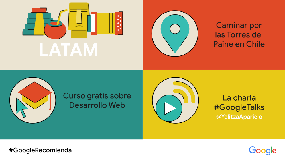 googleespanol's tweet photo. Es día de #GoogleRecomienda ☝️🤓
🏞 Caminar por las Torres del Paine en Chile 🇨🇱 → https://t.co/D21GxkhxcW #StreetView
🤓 Este curso gratis sobre Desarrollo Web → https://t.co/UyCDmCmNmV
🇲🇽🎤 La charla #GoogleTalks con @YalitzaAparicio https://t.co/H1Ivk8i47m https://t.co/Qkq0qvq4YS