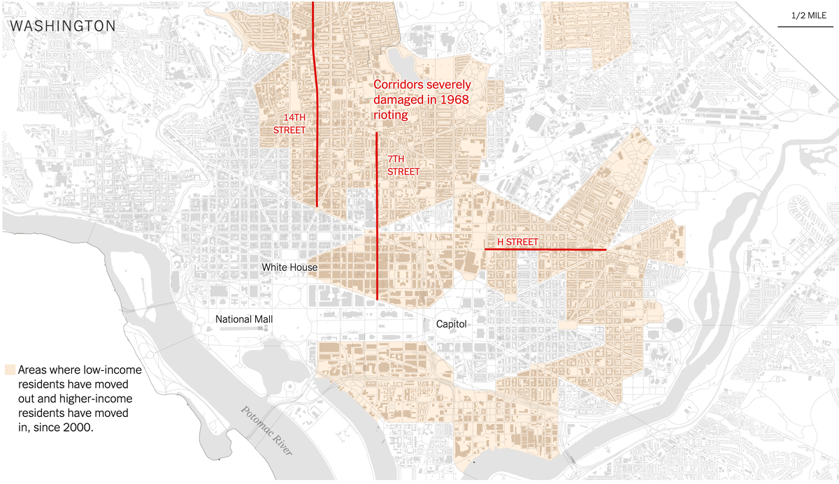 This is especially true in DC.14th and 7th Streets NW and H Street NE were all devastated in the 1968 riots. And they have become centers of a kind of large-scale redevelopment that’s possible because there was large-scale destruction.