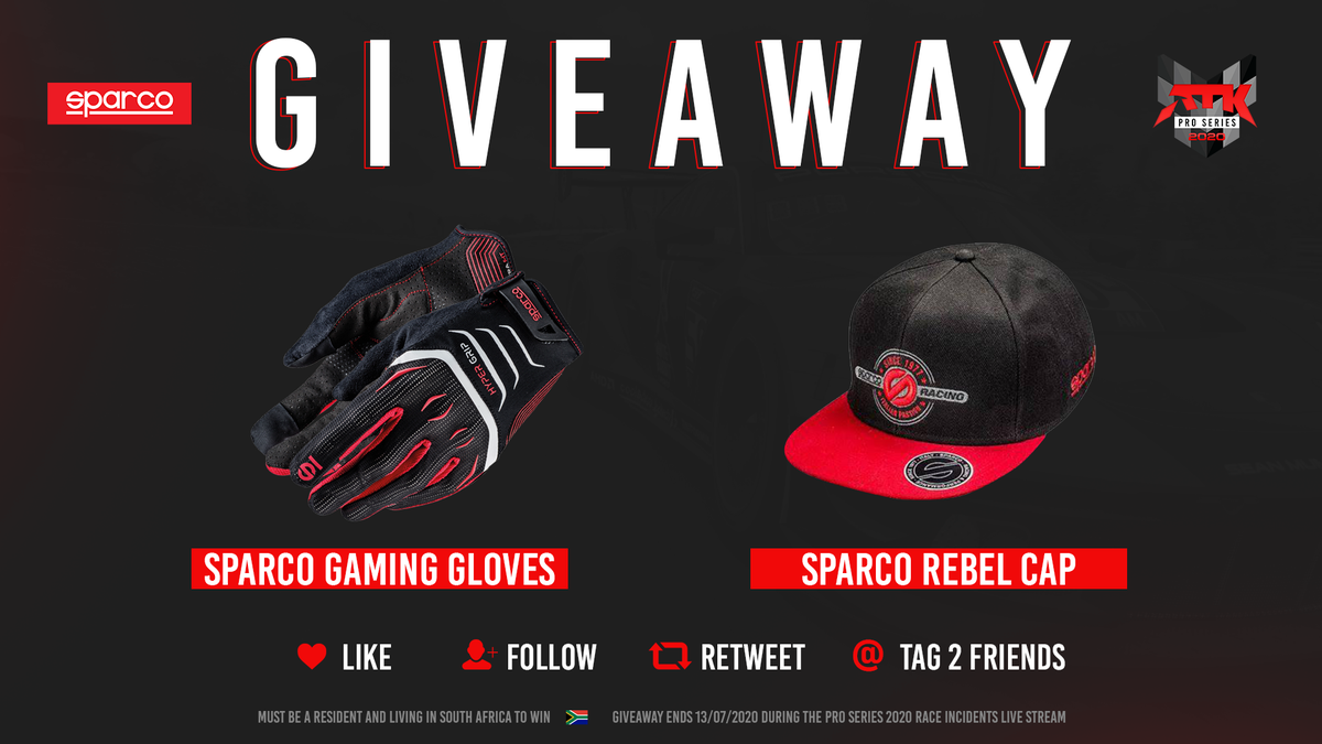 ProSeriesZA's tweet photo. GIVEAWAY TIME! Win a @SparcoOfficial pair of gaming gloves and rebel cap!

How to WIN:
-  Like this tweet 
-  Retweet this tweet and tag 2 friends
-  Follow @ProSeriesZA

We will announce the winner on the 13th of July 2020 during the race incidents live stream! Good luck! 💥 https://t.co/hTERMV1Uqn