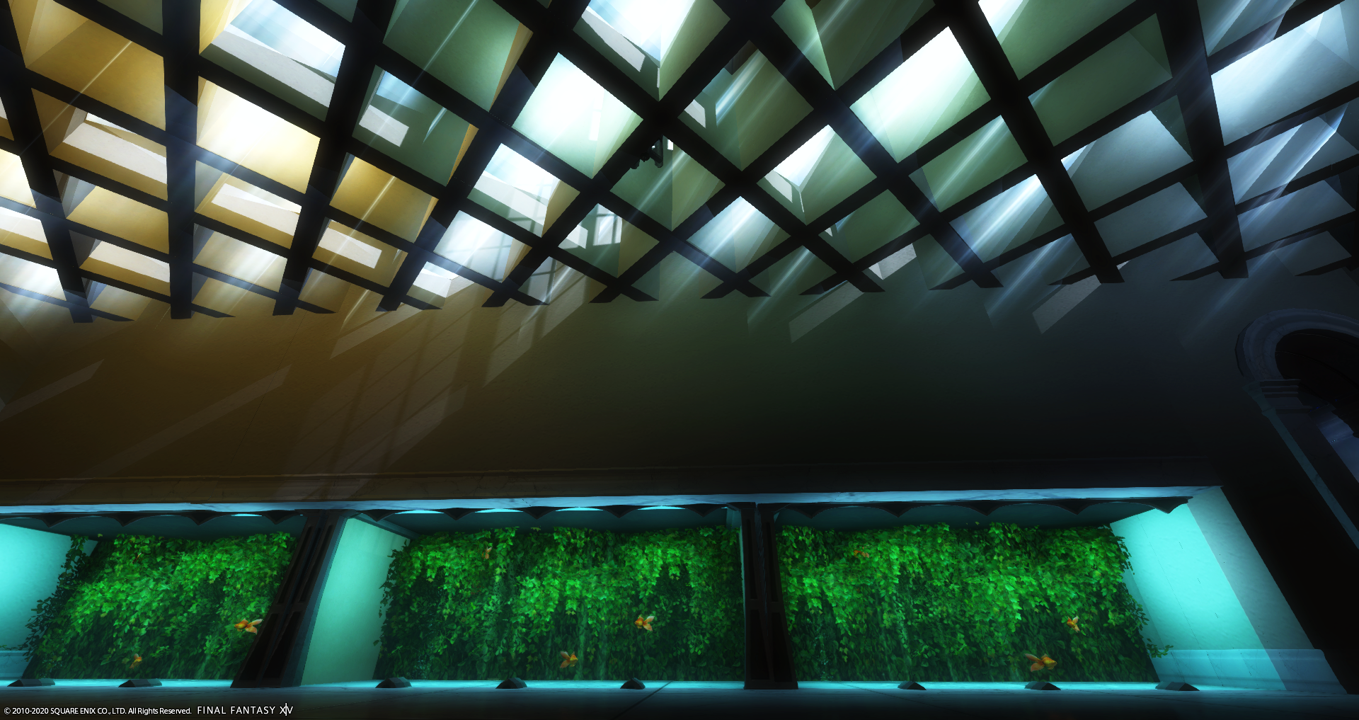 みうぶらう ぐんぐにる さる 走る釣り人 Haruworks さんち 格子天井と水槽のbar です2 2 格子天井 に仕込んだ窓達が光りだす日中 天井から青空が見えるんじゃないかと覗き込んでしまった 仕込んでいる間接照明の色も青から緑 そしてオレンジへと