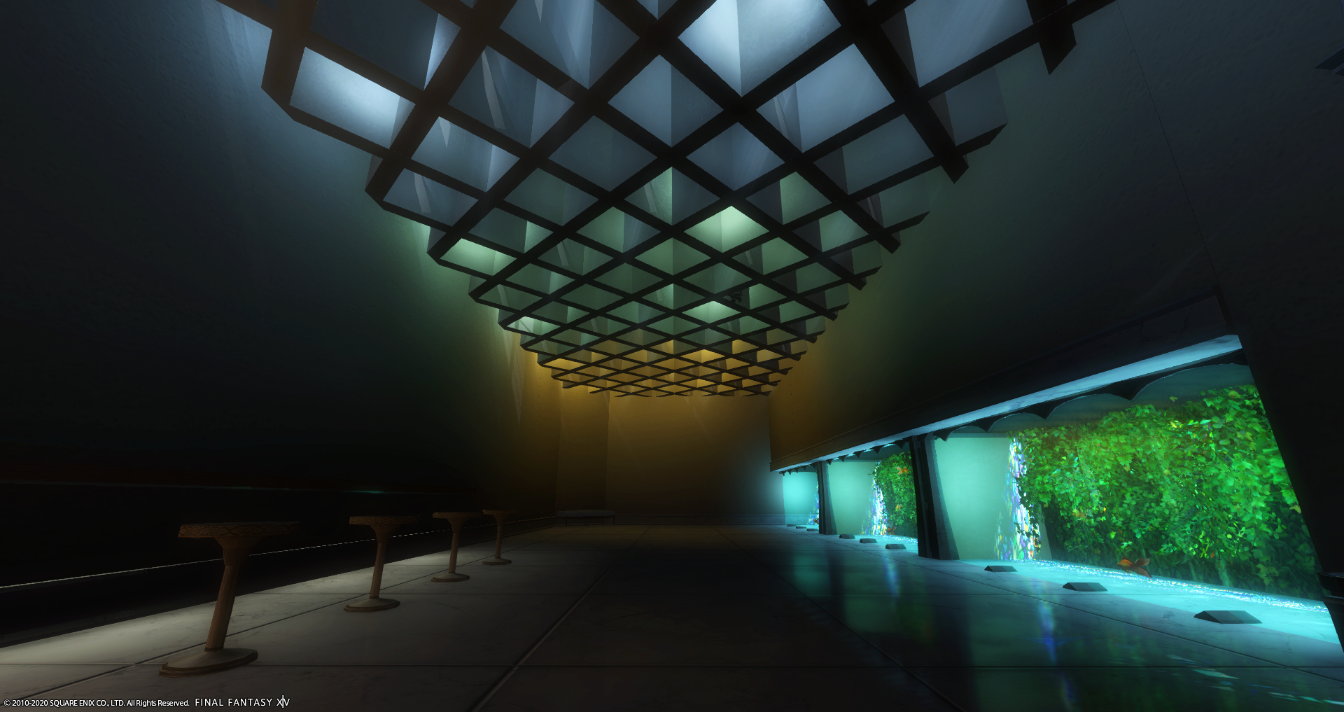 みうぶらう ぐんぐにる さる 走る釣り人 Haruworks さんち 格子天井と水槽のbar です2 2 格子天井 に仕込んだ窓達が光りだす日中 天井から青空が見えるんじゃないかと覗き込んでしまった 仕込んでいる間接照明の色も青から緑 そしてオレンジへと