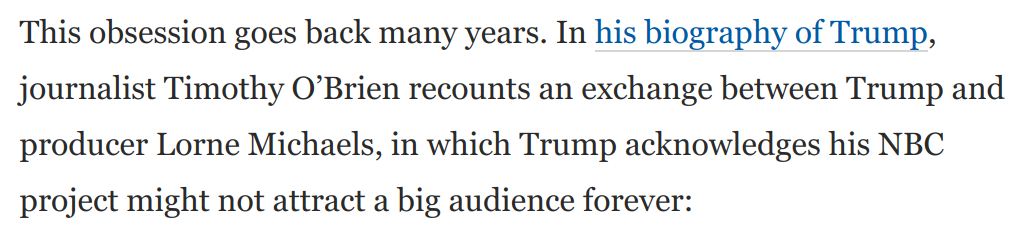 “Trump's biggest existential fear is that the spotlight will be turned off, the seats will be empty, and his phone will stop ringing."Trump biographer  @TimOBrien. Also note this great anecdote from Tim's book about Trump's obsession with audience loss: https://www.washingtonpost.com/opinions/2020/07/10/trump-comes-face-face-with-one-his-greatest-fears/