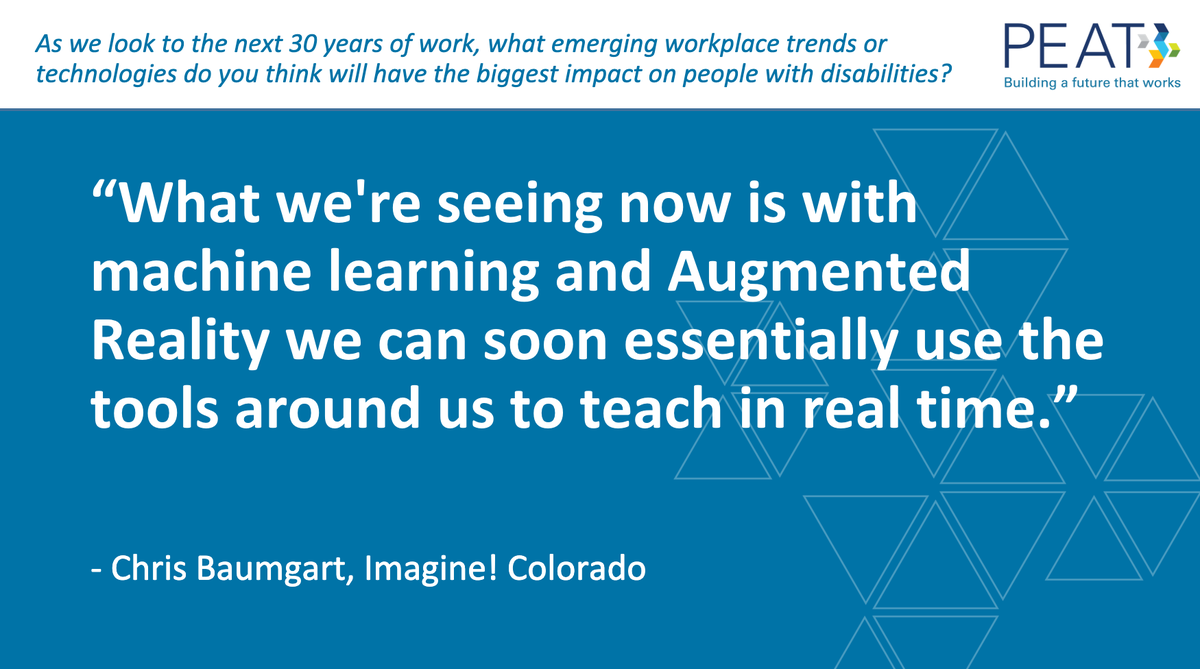 PEATWorks's tweet photo. To honor the ADA 30th Anniversary, we asked our Future of Work podcast guests what emerging workplace trends/tech will have the biggest impact on #PWD in the next 30 years. Listen to the episode with Chris Baumgart from @ImagineCOinfo: https://t.co/8JSyTZMGpF #ADAnext30 #ADA30 https://t.co/tg4ZvBVfmg