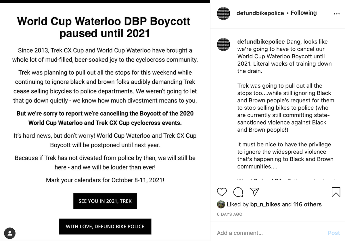 BikeDefund's tweet photo. Dang! Looks like our @TrekCXCup and #worldcupwaterloo boycott is canceled for this year! Let's get ready for 2021! #defundpolice #defundbikecops #cxiscoming #cyclocross #bikerace #cyclingindustry https://t.co/69qggCHInY