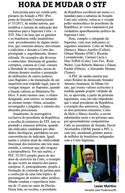 Hora de Mudar o STF - meu artigo publicado nos jornais Folha de Cachoeirinha,  Jornal de Gravataí e O Informativo, de Lajeado.