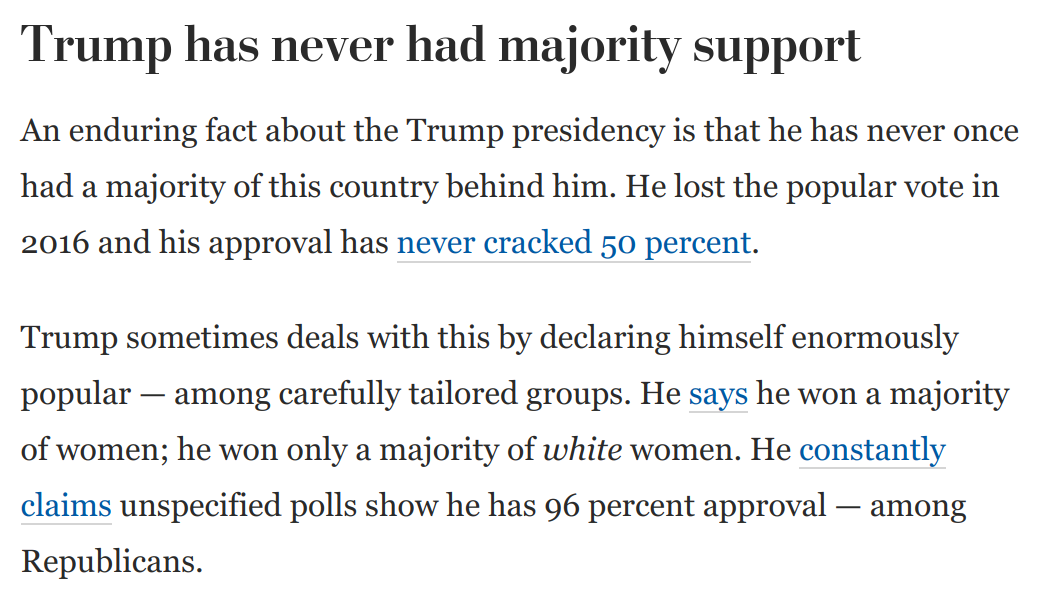 Behind Trump's obsession with crowd sizes is an enduring fact about the Trump presidency:He has never once had majority support behind him.Trump has spent literally years trying to lie this reality out of existence. https://www.washingtonpost.com/opinions/2020/07/10/trump-comes-face-face-with-one-his-greatest-fears/