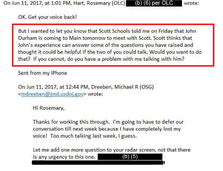 2. Check out this email to Michael Dreeben, one of Mueller’s team members at SCO. On June 11, 2017, Scott Schools wanted Dreeben to met John Durham. Schools thought it would be “helpful” if Dreeben and Durham talked.p6  https://www.justice.gov/oip/foia-library/general_topics/correspondence_olc_sco_crime_06_30_20/download