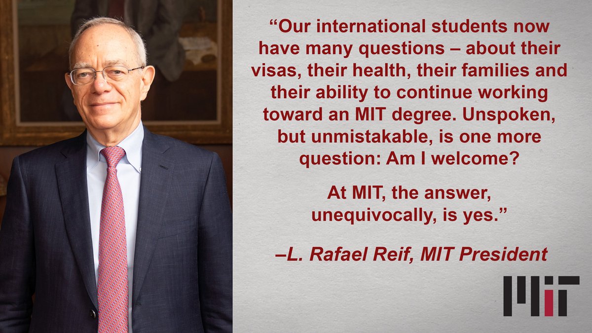MIT's tweet image. Letter to the MIT community regarding action in response to new ICE rule on online learning: mitsha.re/23Qa50AvpwC