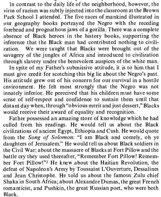 Harry's education in black history differed at school, where he was an ace student, and at home from the lessons of his father.