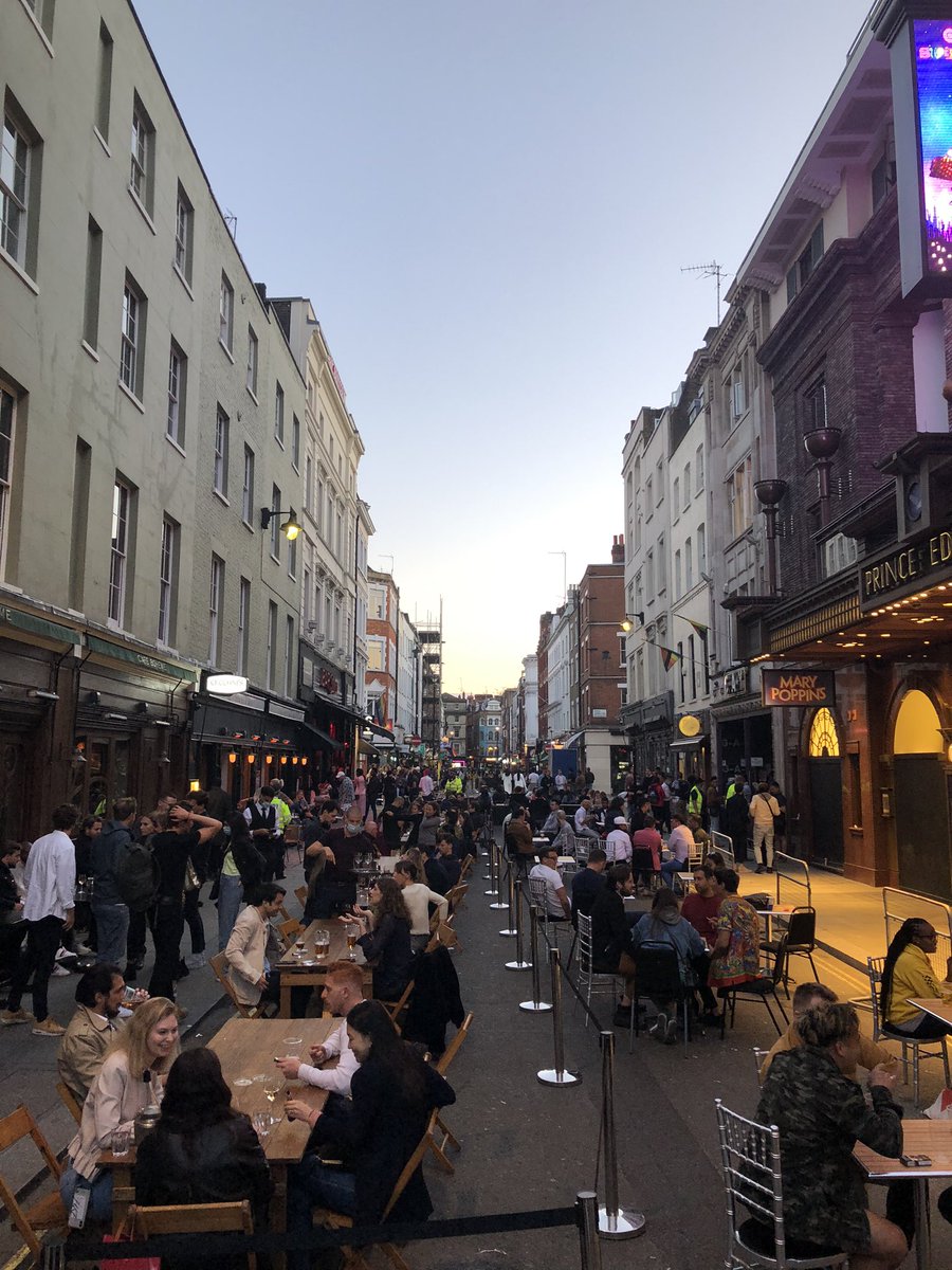 Road closures in Soho for outside tables - here’s Old Compton Street. Surely had to be permanent, it’s really lovely