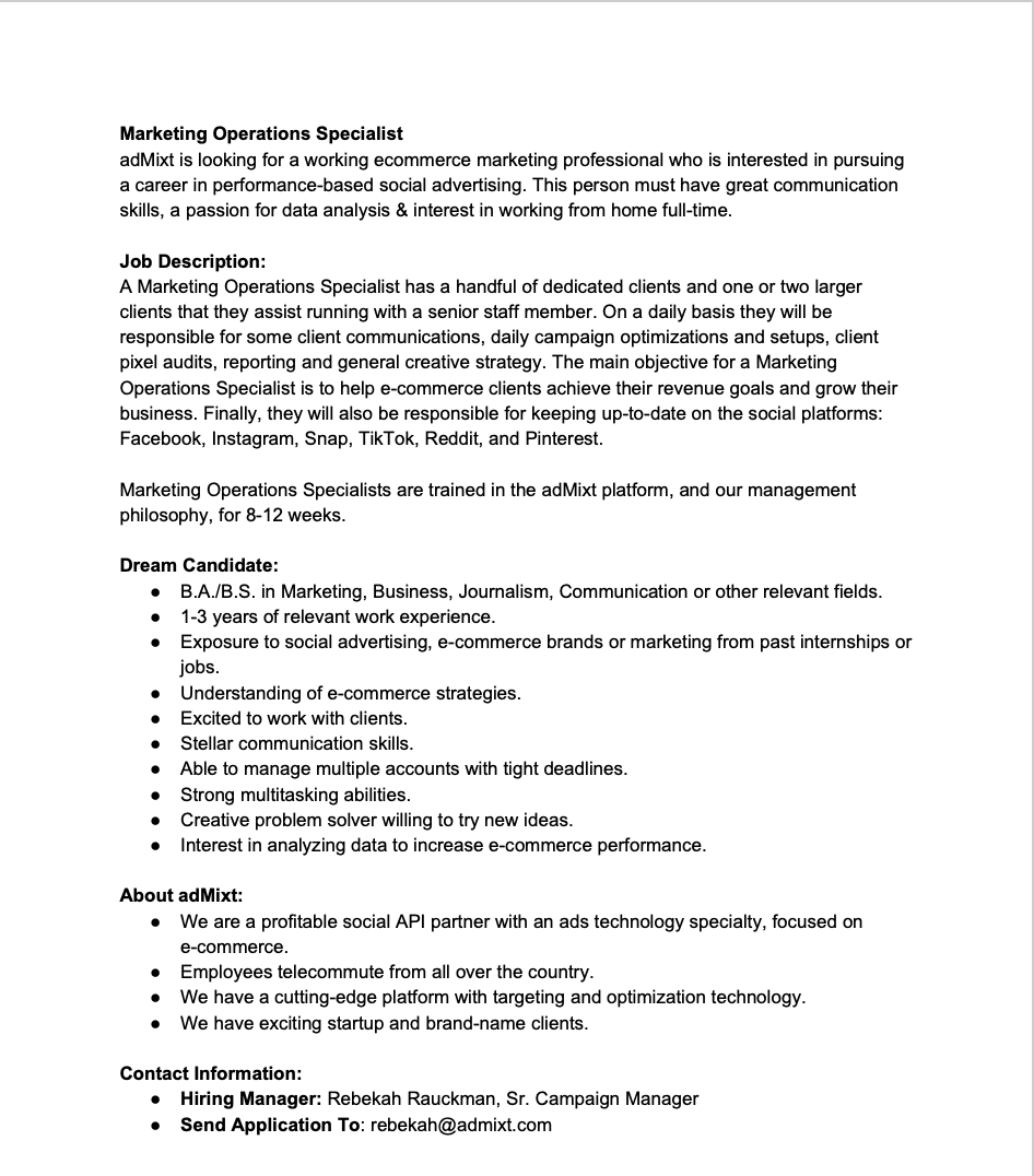 bryce_torres_'s tweet photo. The agency (@admixt) I got my start at and am currently serving as a Sr. Account Manager at is hiring!

The Marketing Operations Specialist acts as an assist to Sr. team members in making sure we have full coverage across accounts. https://t.co/bWt9MolIp7
