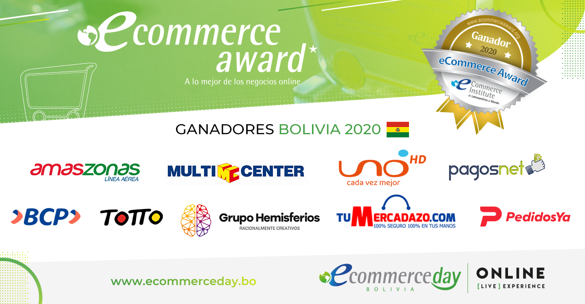 einstituto's tweet photo. 🏆 ¡Felicitamos a los ganadores del eCommerce #Awards Bolivia 2020! @AmaszonasSA , @multicenterbol @RedUnoBolivia #PagosNet, @BCPComunica @GHemisferios , @TOTTOBOLIVIA @TuMercadazo y @pedidosya https://t.co/dTNhMOF5fC