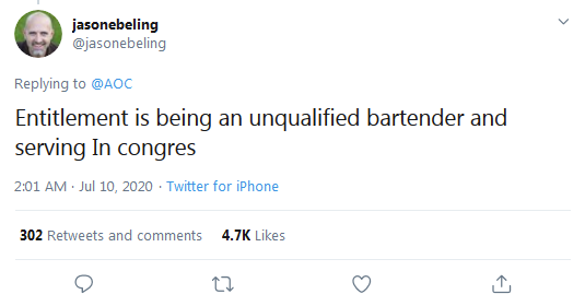 How not to respond to AOC making a bad argument.You just end up sounding like the kind of people that make it easier for people to dismiss legitimate criticism because of the weird hate-obsession some have with her.Also, this stuff makes you sound kinda classist, tbh.