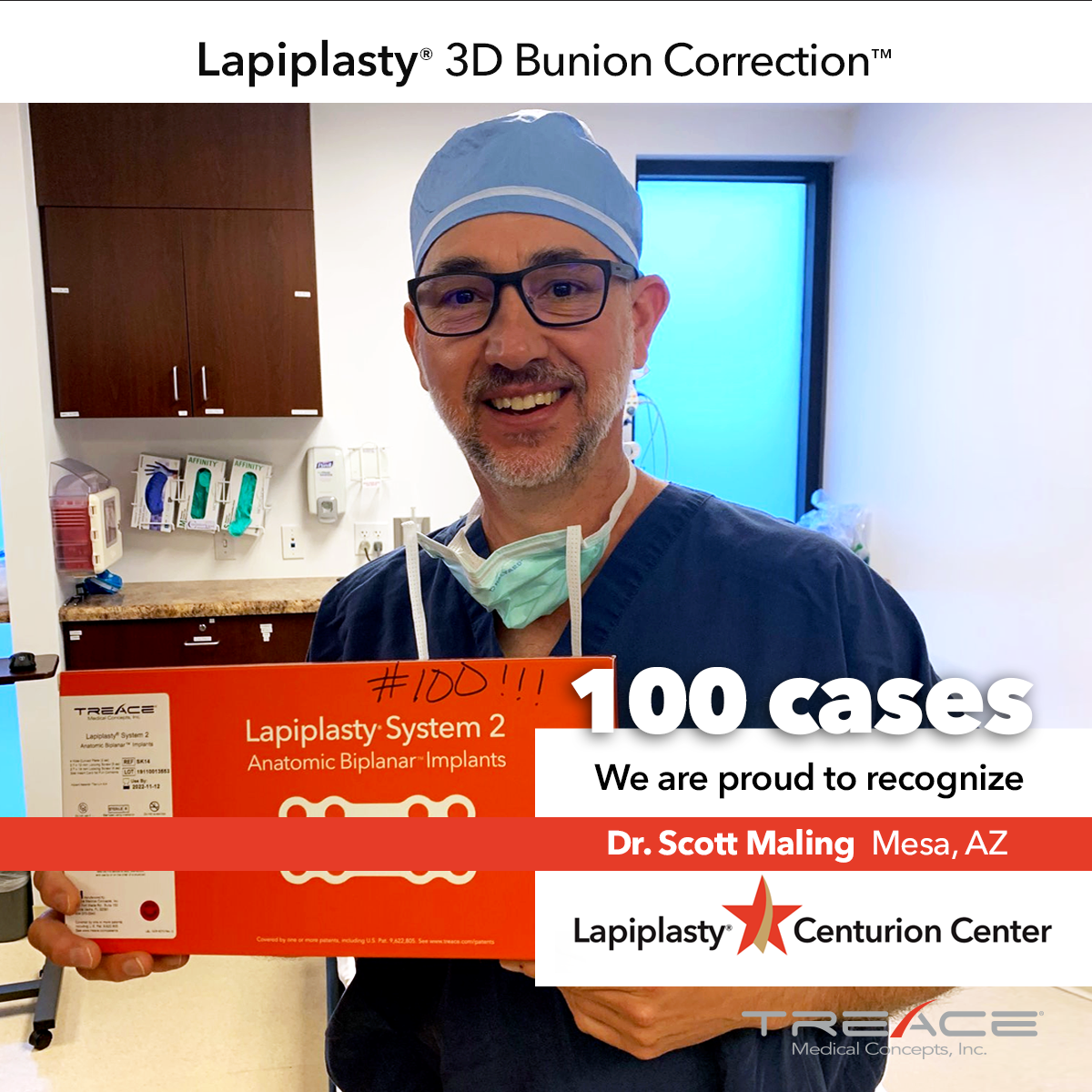 TreaceMedical's tweet photo. We are proud to congratulate Dr. Scott Maling (Mesa, AZ) on joining the Lapiplasty® Centurion club! Dr. Maling and his team recently treated their 100th Lapiplasty® 3D Bunion Correction™ patient.
#lapiplasty #thefutureofhalluxvalgussurgery #fixitrightthefirsttime #bunion https://t.co/DZzA6MKVKH