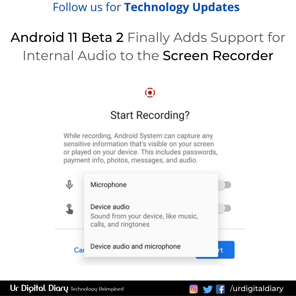 urdigitaldiary's tweet photo. You can now record device audio while screen recording in Android 11.
Follow us for Tech Updates 🙏
#Android #android11os #Video #videorecording #screenrecording #androidphone #urdigitaldiary #TechNews #technologynews https://t.co/BddI4lHS7d