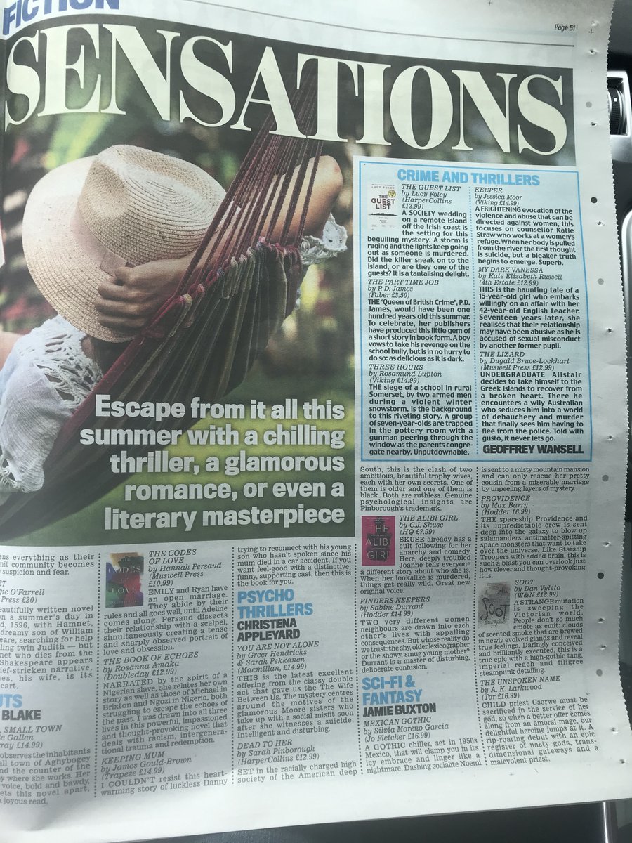 Our two fabulous debut novelists in very fine company - Staycation Sensations today's Daily Mail
<a href="/HPersaud/">Hannah Persaud 🦊</a> #TheCodesofLove 
<a href="/DBrucelockhart/">Dugald Bruce-Lockhart</a> #TheLizardNovel 

Thanks <a href="/FannyBlake1/">Fanny Blake</a> <a href="/PGUK_Books/">PGUK</a> @WriteWorkshopNY <a href="/L_Macdougall/">Laura Macdougall (she/her) 🏳️‍🌈</a> <a href="/Brownlee_Donald/">Fiona Brownlee</a>  <a href="/booksaremybag/">Books Are My Bag</a> <a href="/mainstreethare/">The Mainstreet Trading Company</a>