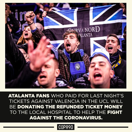 By the time Atalanta beat Valencia in the 2nd leg away in Spain, Bergamo was in total lockdown. So fans donated their ticket refunds to a local hospital & after the game Atalanta players sent a message of solidarity back to their city “Bergamo, this is for you, Don’t give up!”