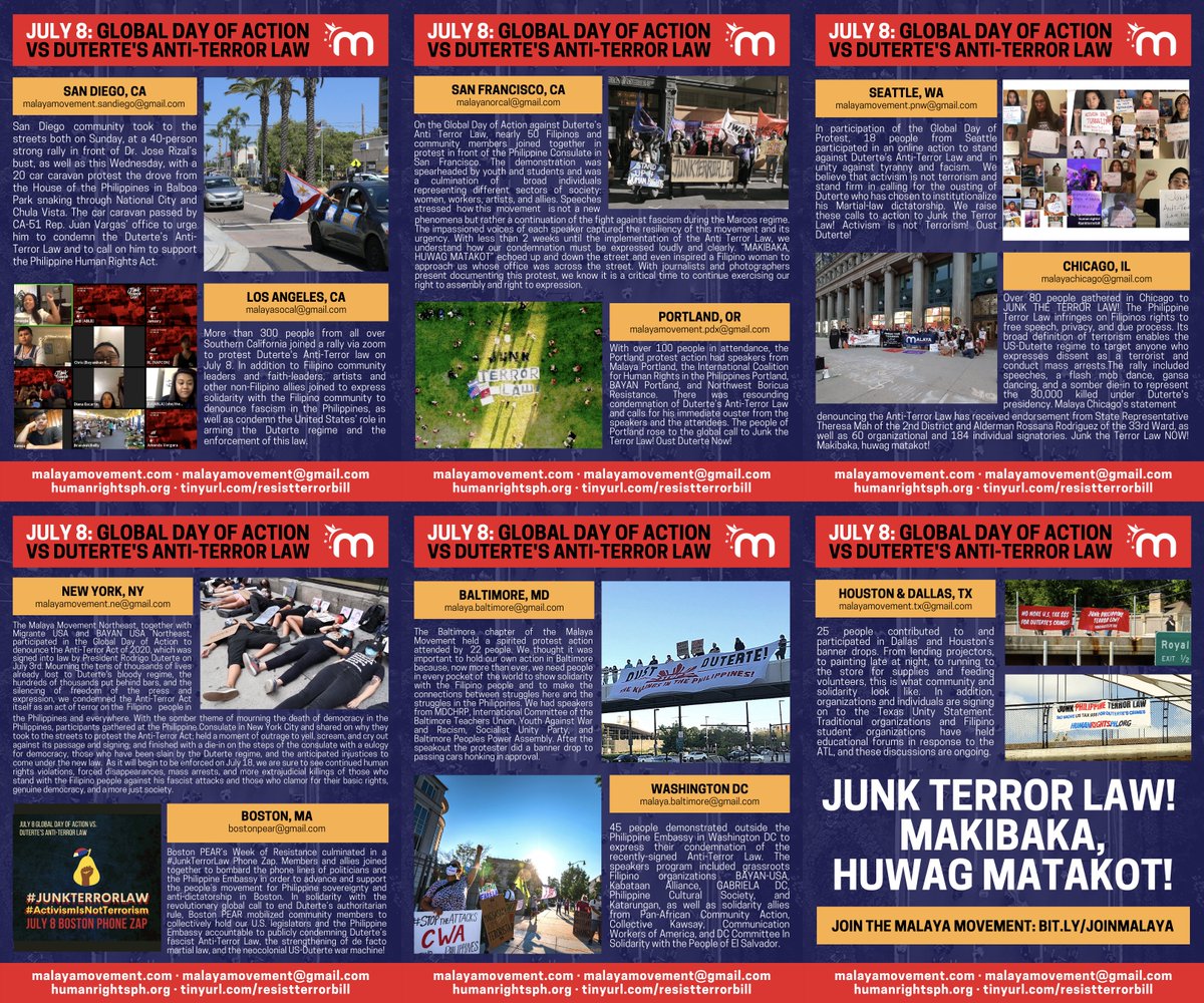 On July 8 across the US, Malaya Movement held protests to condemn Duterte’s Anti-Terror Law, joining the Global Day of Action! The resounding call to #junkterrorlaw echoed throughout the country. Go through the thread for a closer look!
Join Malaya: bit.ly/joinmalaya