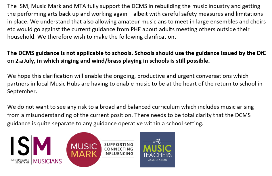 musicmarkuk's tweet photo. The DCMS guidance is not applicable to schools. Schools should use the guidance issued by the DfE on 2nd July, in which singing and wind/brass playing in schools is still possible. https://t.co/2kWY1e9luz
