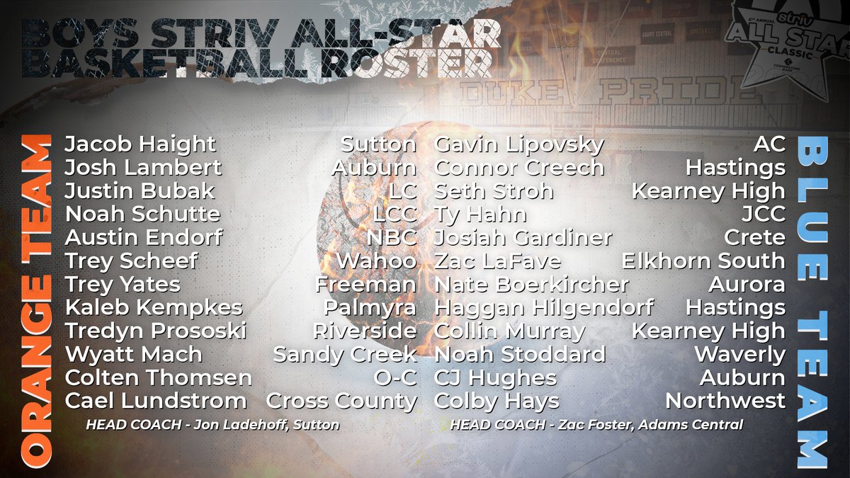 We are pleased to announce the teams for the 6th Annual Striv Allstar Classic Presented by Cornerstone Bank. 🏆💯

Check out the official rosters for boys basketball, and congratulations to all the players! 🏀🏅

#strivschools | #nebpreps | #strivallstar20