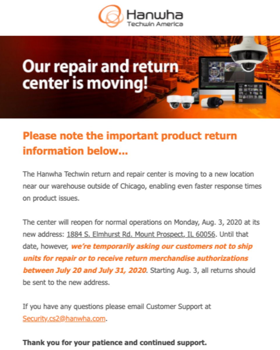 ThinkReps's tweet photo. Please Read: Hanwha is moving their return and repair center.
The center will reopen for normal operations on Monday Aug 3 2020 at its new address: 1884 S Elmhurst Rd., Mount Prospect IL 60056.  Please place a temporary hold on shipping returns between June 20 and July 31 2020 https://t.co/ubeCG79Mqk