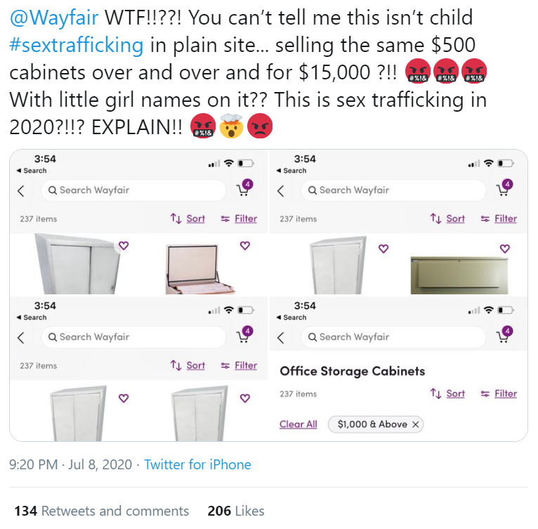 More than 44,000 tweets in less than 48 hours for this new piece of "research" by the QAnon crowd. A tweet on 8 July seems to have started this bizarre claim that  @Wayfair engages in child "sex trafficking" because some of its products are named after missing children  https://twitter.com/oneunderscore__/status/1281616606012092419