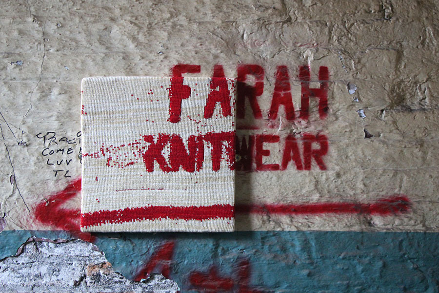 FAIT ACCOMPLIS - knitted tiles that archived the textures and painted signage of  #Crusader, referencing the textile factories past and present. C&C infact requested ths artwork was removed for their 1st sales day. They like some art, just not all art.  http://portfolio.smeech.co.uk/fait-accomplis/&nbsp;
