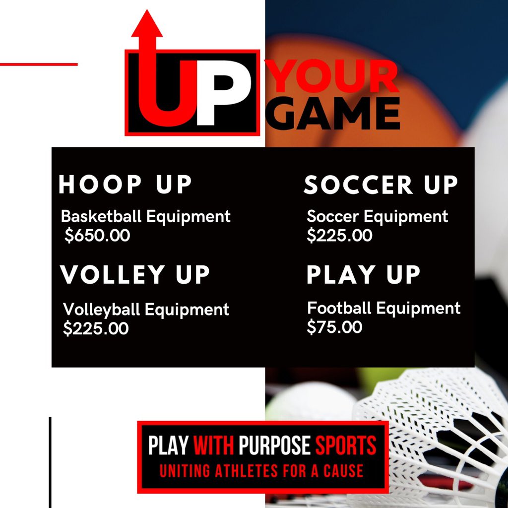 PWP_Sports's tweet photo. One of our greatness desires is to HELP and SERVE others! Help us make a DIFFERENCE at our upcoming campaign “Up Your Game”!! For more information DM us or email us at info@playwithpurposesports.org
#JoinForTheCause #Letsmakeadifference #UnitingAthletesForACause https://t.co/z1LZRkJ80X