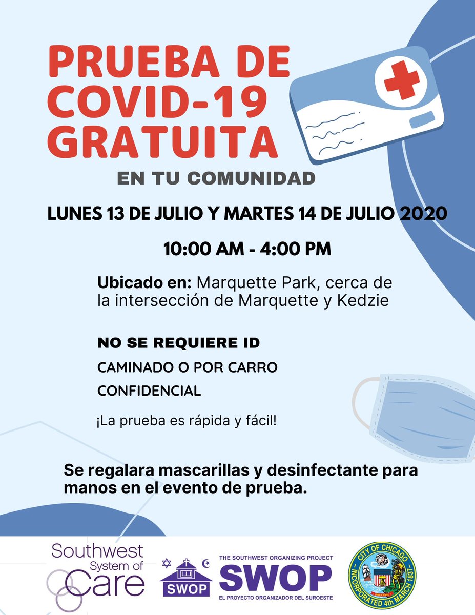 HurleySchool's tweet photo. Our partners at @SWOPorg &amp; SWSOC are hosting a mobile #covidtesting event at Marquette Park next Monday &amp; Tuesday (7/13, 7/14 from 10-4pm) in partnership with the City of Chicago.  Examen de covid se proporciona en el parque Marquette el lunes y martes (7/13, 7/14 10-4pm). https://t.co/RyFwbhg3Oo