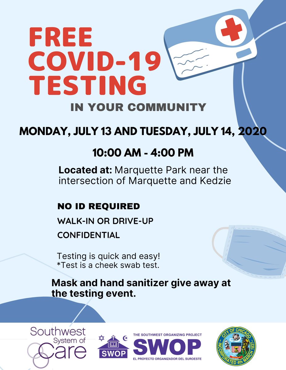 HurleySchool's tweet photo. Our partners at @SWOPorg &amp; SWSOC are hosting a mobile #covidtesting event at Marquette Park next Monday &amp; Tuesday (7/13, 7/14 from 10-4pm) in partnership with the City of Chicago.  Examen de covid se proporciona en el parque Marquette el lunes y martes (7/13, 7/14 10-4pm). https://t.co/RyFwbhg3Oo