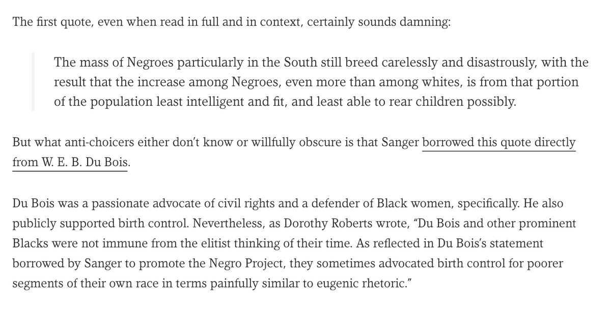 That's a quote from  @DorothyERoberts on W.E.B Du Bois on a quote that Sanger borrowed. https://rewire.news/article/2015/08/20/false-narratives-margaret-sanger-used-shame-black-women/