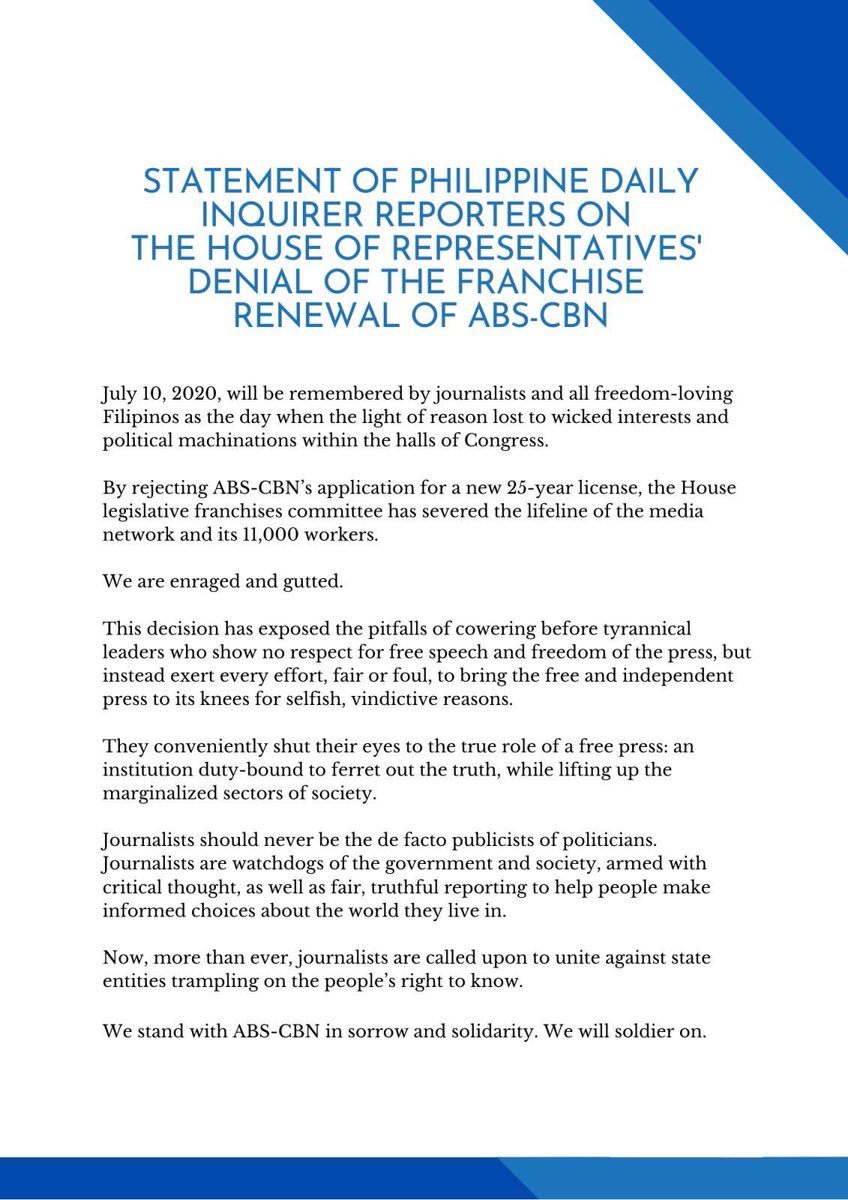 sherieanntorres's tweet photo. Philippine Daily Inquirer reporters’ statement on the killed franchise bill of ABS-CBN. https://t.co/W4wwYamY45
