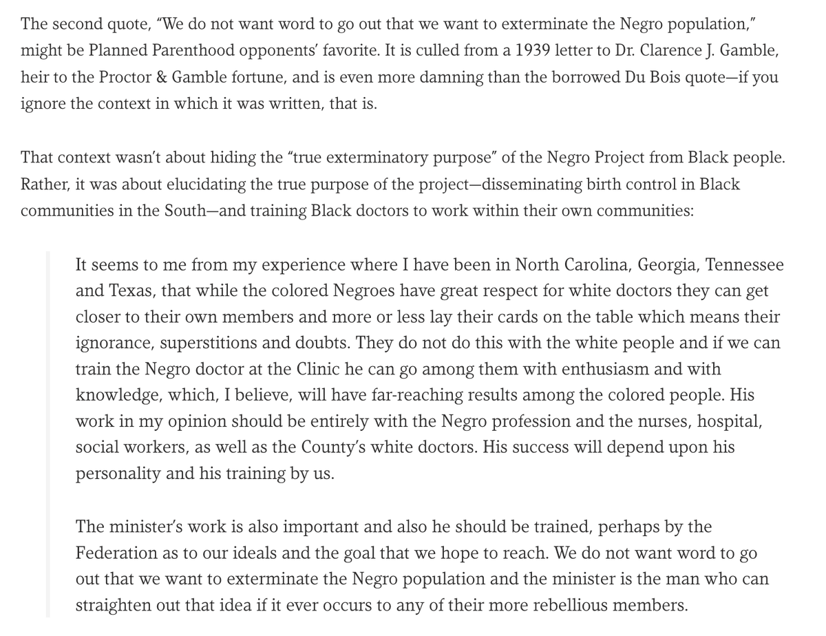 Also, a lot of Sanger's quotes were taken out of context. The anti-abortion movement photoshops her quotes and image with Nazis all the time so you can't tell the difference between what's real and what's fake. https://rewire.news/article/2015/08/20/false-narratives-margaret-sanger-used-shame-black-women/