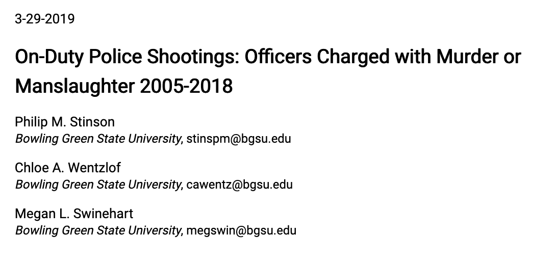 504/ "Between 900 and 1,000 people are killed each year by on-duty police across the United States, but relatively few officers are criminally charged." When charged, the conviction rate is low, even though a majority (69%) of those charged killed unarmed suspects.  @chloewentzlof