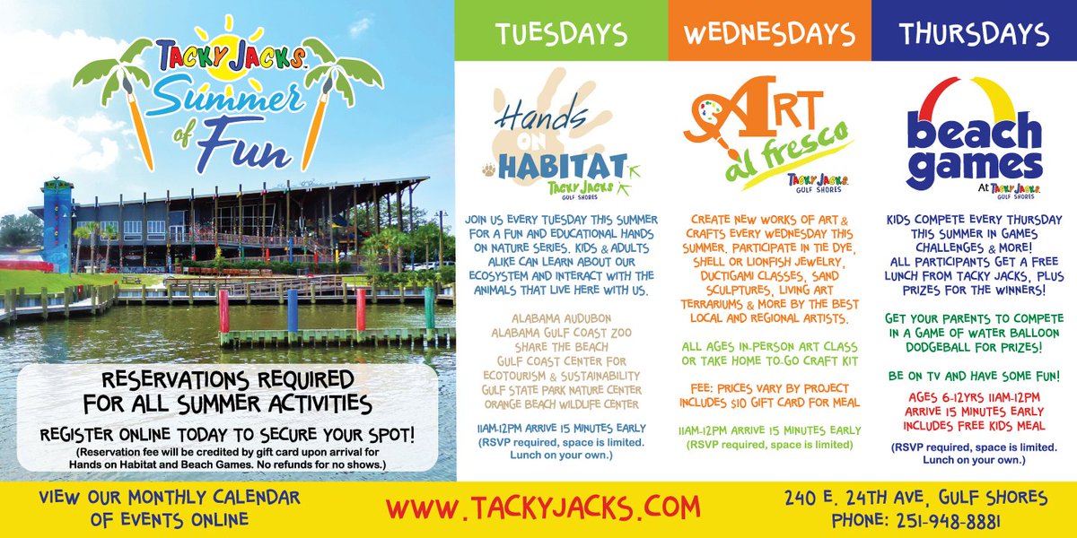Don't miss next week's Summer of Fun activities! Click the link to make your online reservations! tacky-jacks.myshopify.com/collections/sp…