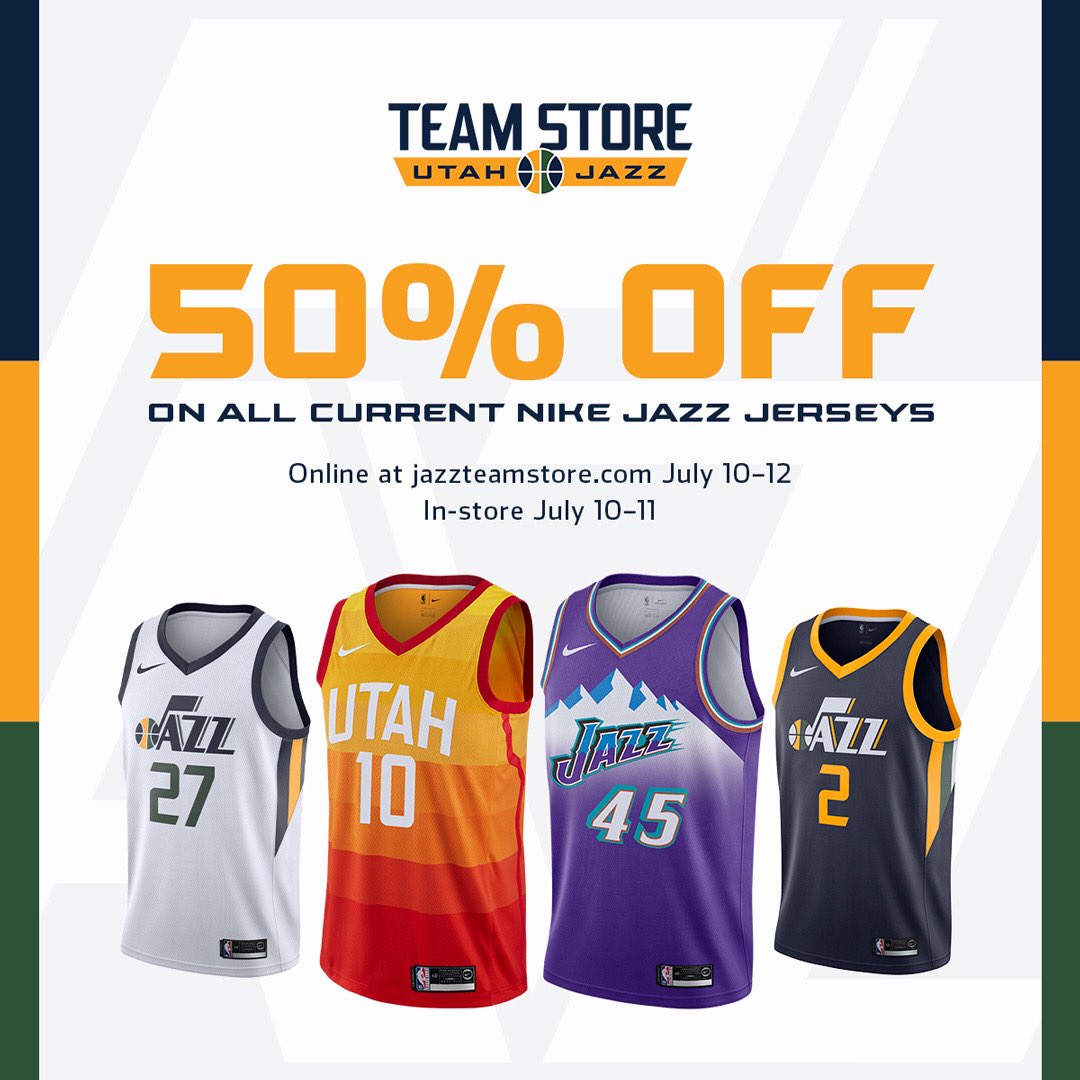 Utah Jazz Team Store on X: 💥JERSEY SALE💥 50% OFF ALL CURRENT NIKE JAZZ  JERSEYS‼️🏃‍♂️ 🏀 In-Store through Saturday 🏀 Online through Sunday #JAZZ # UTAH #SALE #JERSEY #TEAMSTORE
