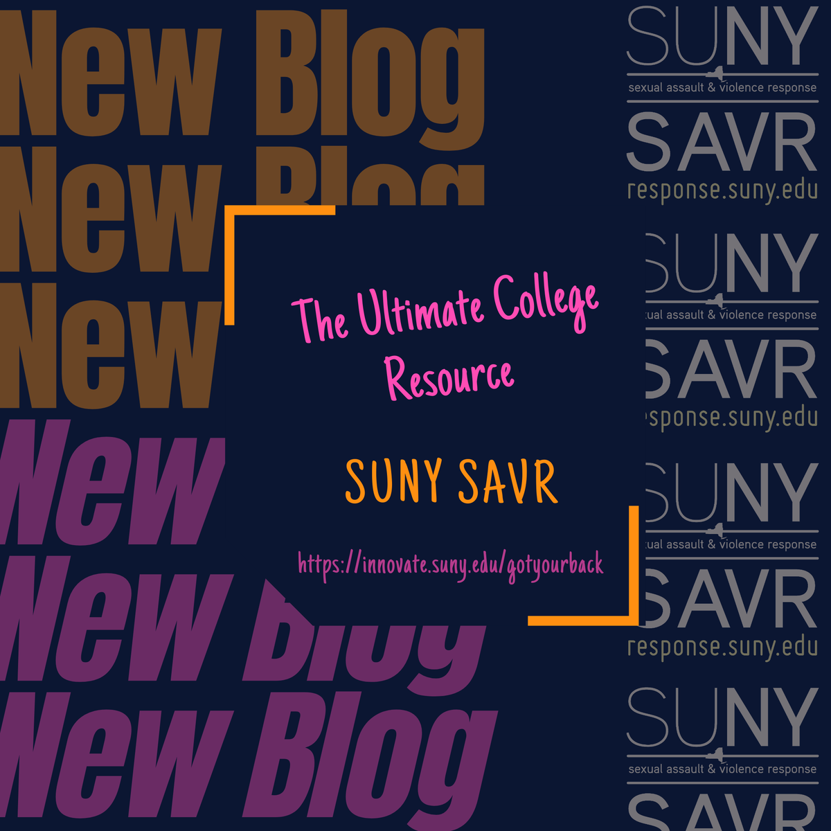SUNYsGotYourBck's tweet photo. Blog Post Alert! Read up on SUNY SAVR: https://t.co/fAykRV0cyl
 
The SUNY Sexual Assault and Violence Response Resource (SAVR) provides instant, anonymous access to on and off campus violence response resources and important policy language translated into 120 languages. https://t.co/CZtTbiPkQZ