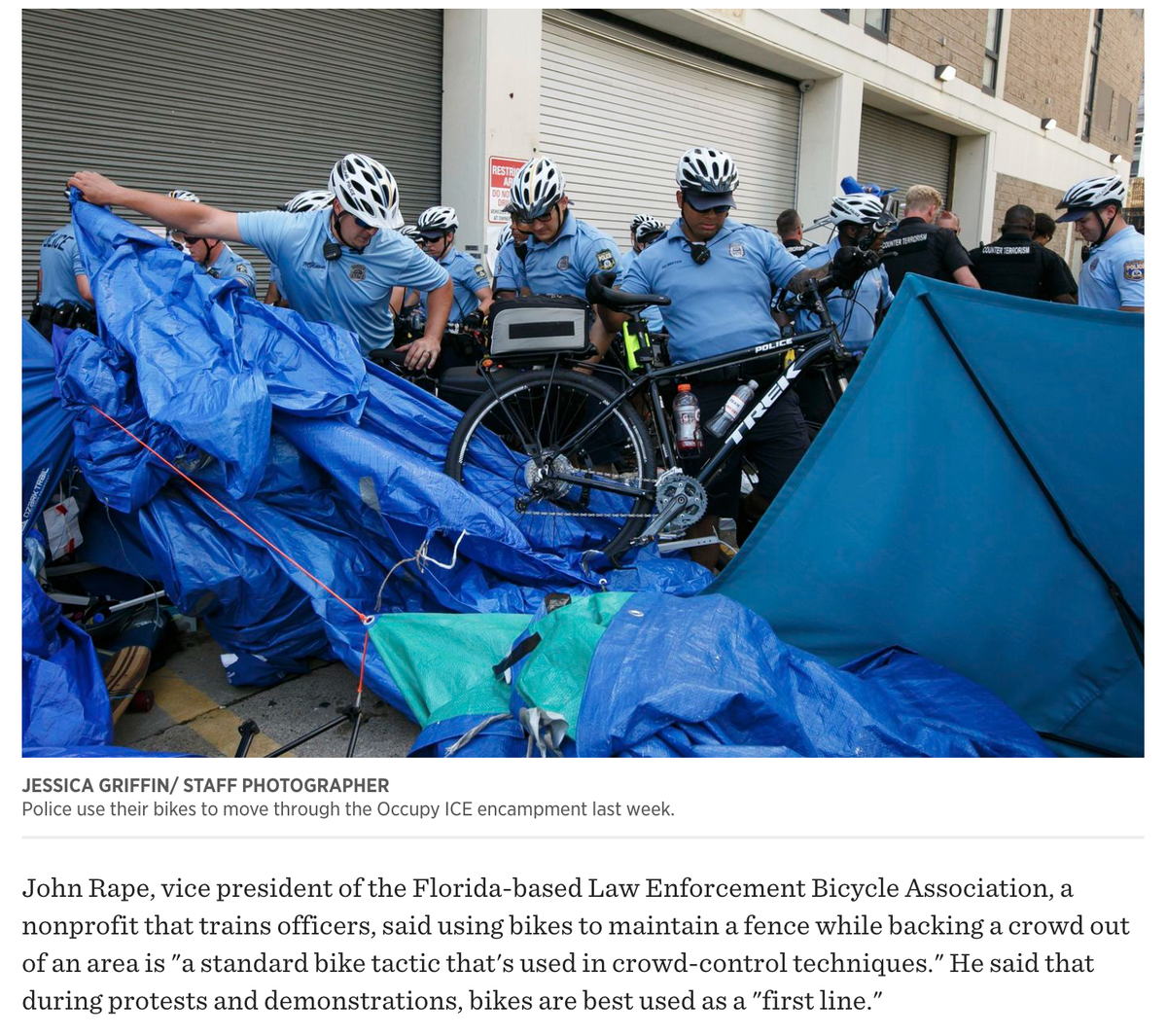 BikeDefund's tweet photo. Cops use their @TrekBikes to clear an encampment at the #occupyice protest in Philly in 2018 @99NewEngland @occupyicesf @OccupyICEchi @occupyICENW @OccupyICETPA  #defundthepolice #occupyice #thisisanuprising https://t.co/MGTWIZzkxv