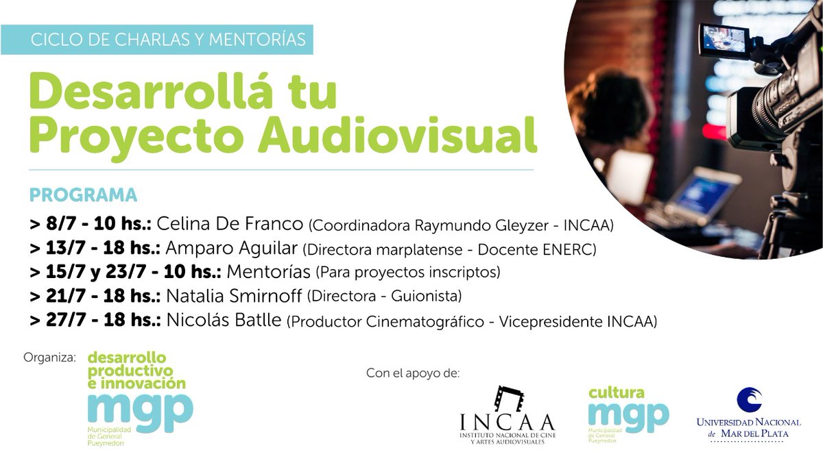Continúa el ciclo Desarrolla tu Proyecto Audiovisual.  Este lunes 13/7 a las 18 hs "Pensar en el Espectador", charla con Amparo Aguilar. Directora y guionista. 
No te la pierdas!!!
Si aún no te inscribiste, hacelo aquí 👉 eventbrite.com.ar/e/desarrolla-t…