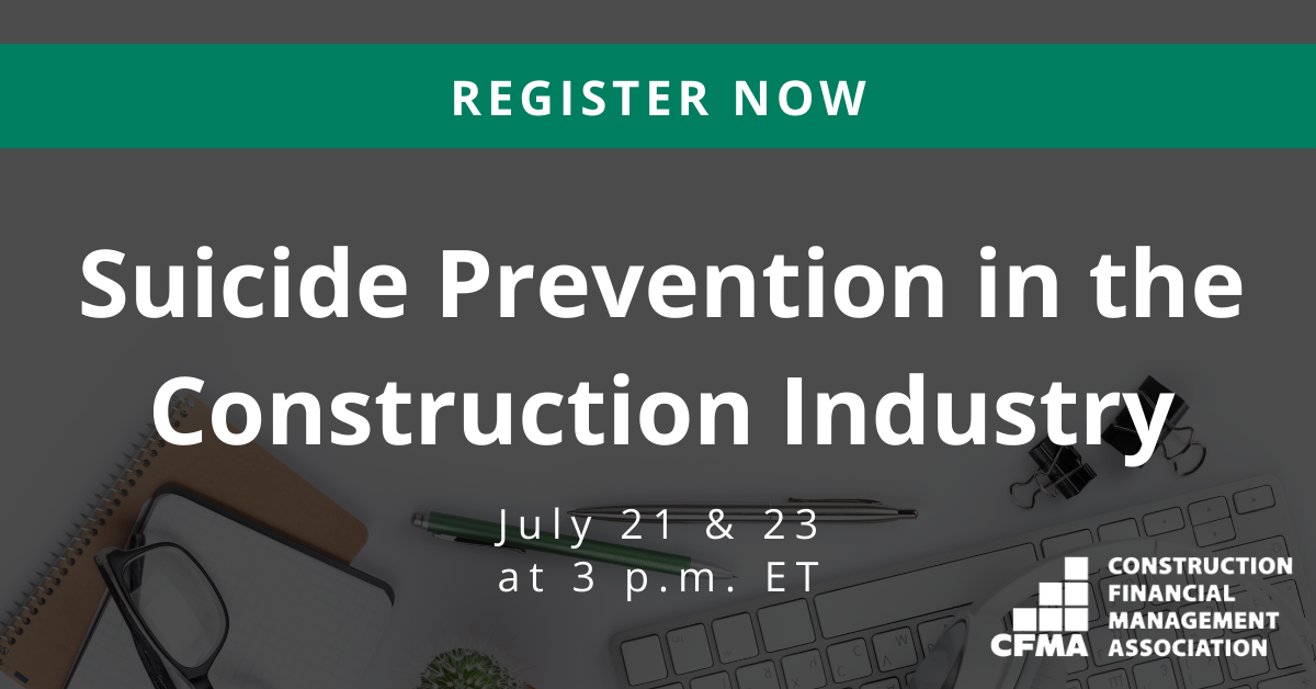 CFMA's tweet photo. Education and resources are some of the best ways to prevent suicide. CFMA in conjunction with @theCIASP are striving to make the construction industry a zero suicide industry; this free session is just one more resource for your tool box>> https://t.co/42vwLiKwRU https://t.co/dUVyxRbmqS