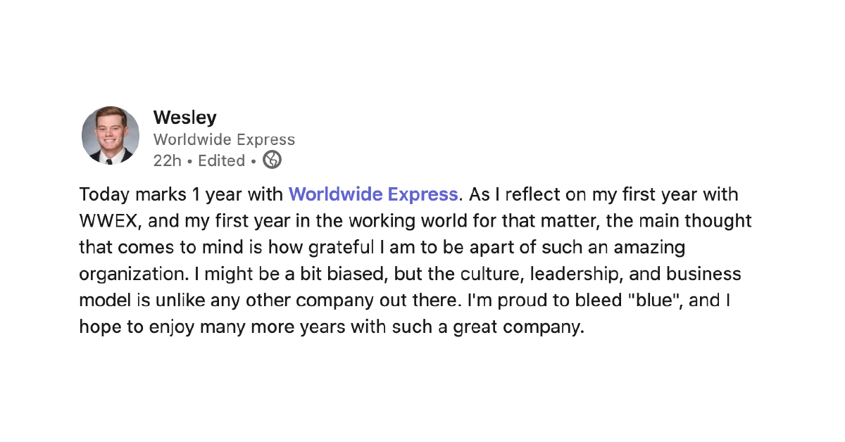 CorporateWWE's tweet photo. Worldwide Express: a company unlike any other.
We're thankful for people like Wesley, AE in Atlanta, who show up and give 110% day-in and day-out. Congratulations on your first year with #WWEX โ here's to many more! ๐ https://t.co/IUXU6hmiRD